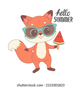 Cute fox ready for summer, hello summer cartoon vector illustration