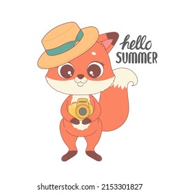zorro lindo listo para el verano, hola verano ilustración vectorial de dibujos animados
