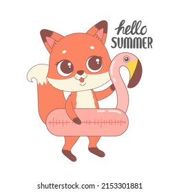 Cute fox ready for summer, hello summer cartoon vector illustration