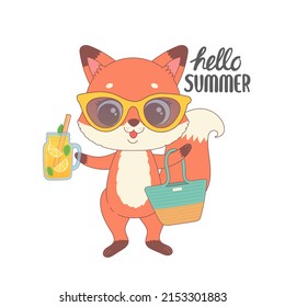 Cute fox ready for summer, hello summer cartoon vector illustration