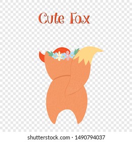 Cute fox rear view isolated on transparent background. Funny little fox in flower wreath back side, character for kids design. Cartoon flat vector hand drawn illustration, scandinavian style, clip art