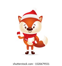 Cute fox with red cap and red scarf with isolated background