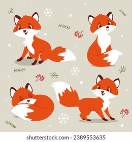 Cute fox red fox. Funny cartoon foxes. Set of isolated cute foxes.  Vector illustration EPS10