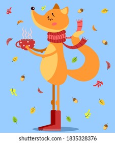 Cute fox in red scarf and boots. Vector Illustration for card, invitation, poster and flyer.