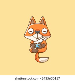 Cute fox relax with a cup of coffee cartoon animal character mascot icon flat style illustration concept set