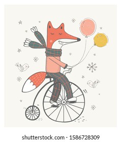 Cute Fox rides a bicycle. Hand drawn vector illustration.Can be used for baby t-shirt print, fashion print design, kids wear, baby shower celebration greeting and invitation card.