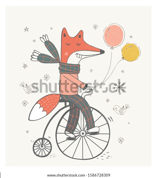 かわいいキツネは自転車に乗る 手描きのベクターイラスト 赤ちゃんのtシャツのプリント ファッションプリントデザイン 子どもの服装 ベビーシャワーのお祝い 招待状に使用できます のベクター画像素材 ロイヤリティフリー