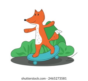 Cute fox rides a skateboard. Sports animal. Park, trees, bushes. Active lifestyle. Doodle, drawing. Vector illustration on white isolated background.