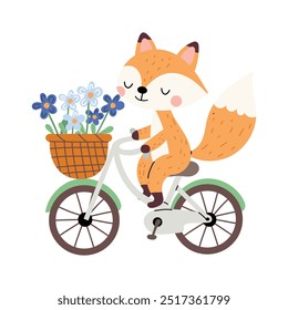 Netter Fuchs auf einem Fahrrad mit Blumen im Korb. Flache, kindische Vektorgrafik einzeln auf weißem Hintergrund.