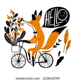 Cute fox riding a bike, Collection of hand drawn. Vector illustration in sketch doodle style.