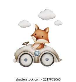 cute fox riding car watercolor illustration with isolated background for baby and kids