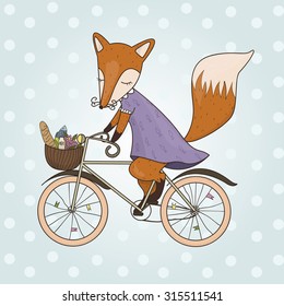 Cute fox riding on a bicycle .Bicycle basket with food and flowers. Kids illustration vector