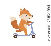Cute Fox Riding Scooter Vector Illustration, Scandinavian Nursery Animal Activity Clipart, Flat Minimalist Fox Character for Kids Transportation Theme