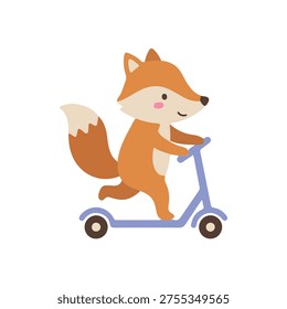 Cute Fox Riding Scooter Vector Illustration, Scandinavian Nursery Animal Activity Clipart, Flat Minimalist Fox Character for Kids Transportation Theme