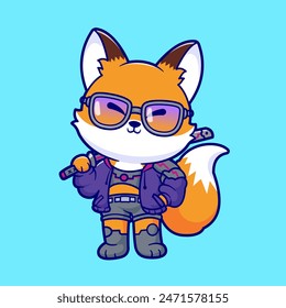 Cute Fox Robot Cyborg Holding Sword Cartoon Vector Icon Illustration. Animal Technology Icon Concept Isolated Premium Vector. Flat Cartoon Style