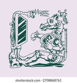 cute fox robot live on social media with large screen and web cam hand draw illustration 