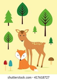 Cute fox and roe in the forest - kids poster