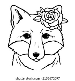 Cute Fox with rose. Floral fox Line Art. Fox sketch vector illustration on white background. Hand-drawn portrait of fox's head. Good for posters, t shirts, postcards.