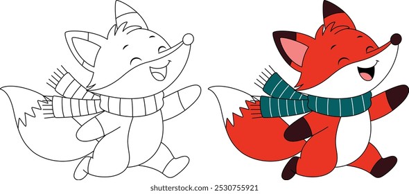 Cute fox is running joyfully in the snow outline coloring page. Christmas and Winter Animal Illustration