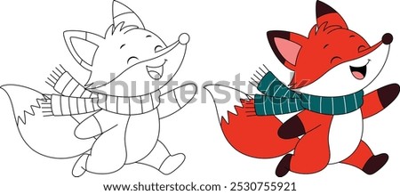 Cute fox is running joyfully in the snow outline coloring page. Christmas and Winter Animal Illustration