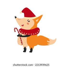 Cute fox in Santa hat with candy cane. Funny forest animal in warm winter scarf. Happy cartoon character, hand drawn vector illustration, isolated. Flat design. Idea for print on cards, kids clothes.