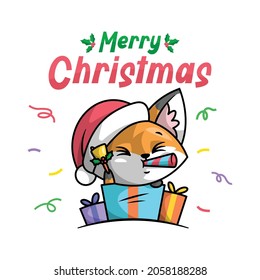 A CUTE FOX WITH SANTA HAT IS COME OUT FROM A GIFT BOX. CHRISTMAS ILLUSTRATION.