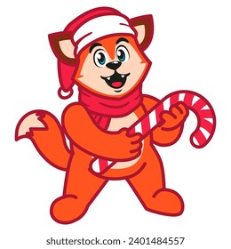 a Cute Fox in a Santa Hat and Scarf Holding a Candy Cane
