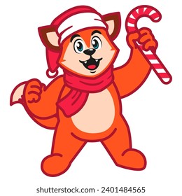 a Cute Fox in a Santa Hat and Scarf Holding a Candy Cane