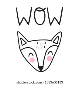 Cute fox say wow. Scandinavian, nordic style. Simple hand drawn vector illustration design. Best for nursery, childish textile, apparel, poster, postcard.
