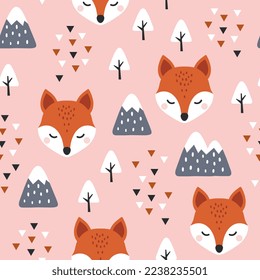 cute fox scandinavian pink forest with trees and pines, mountains and abstract orange ang green triangles. Kids wildlife seamless pattern desigh for fabric and textile print