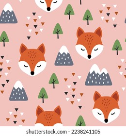 cute fox scandinavian pink forest with green trees and pines, mountains and abstract orange triangles. Kids wildlife seamless pattern desigh for fabric and textile print