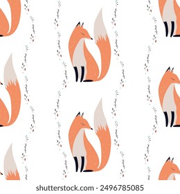 Cute fox in Scandinavian style. Seamless pattern. On a transparent background.
