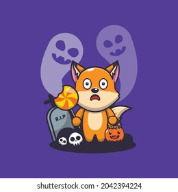 cute fox scared by ghost in halloween day