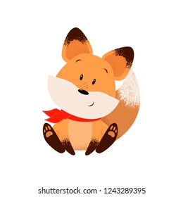 Cute fox in scarf. Character, wild animal, sitting. Can be used for topics like cartoon, mammal, curiosity