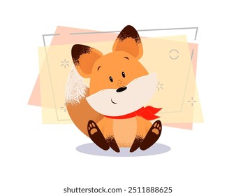 Cute fox in scarf. Character, wild animal, sitting. Can be used for topics like cartoon, mammal, curiosity