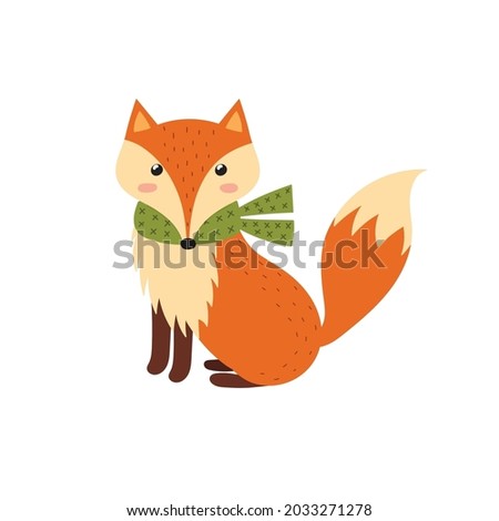 Cute fox in a scarf. Funny forest character isolated element. Fall woodland clipart for kids. Vector illustration