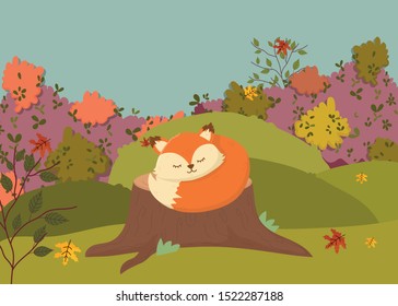 cute fox with scarf sleeping on trunk field foliage hello autumn vector illustration