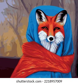 Cute fox in scarf  Vector illustration an animal portrait  Autumn theme   colors  Decorative wild animal  Cute character cute fox