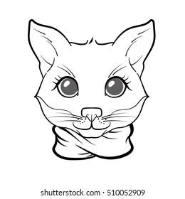 Cute fox in a scarf. Vector outline illustration