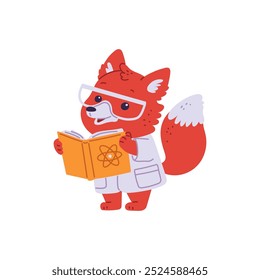 Científico zorro lindo en gafas protectoras y con libro de química naranja en sus patas. Animal. Personaje feliz en bata de laboratorio blanco. Estilo de dibujos animados. Ilustración vectorial aislada sobre fondo blanco.