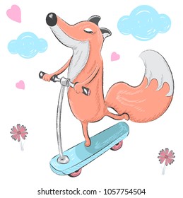 cute Fox with a scooter.Children's background.