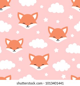 Cute Fox Seamless Pattern, Animal Background with Clouds for Kids