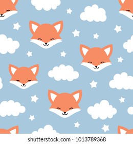 Cute Fox Seamless Pattern, Animal Background with Clouds for Kids