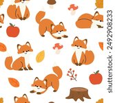 Cute Fox seamless pattern background vector. Animal hand drawn tile wallpaper of fox, autumn season element in pattern. Cartoon character creative design illustration for fabric, packaging, tiles.