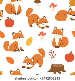 Cute Fox seamless pattern background vector. Animal hand drawn tile wallpaper of fox, autumn season element in pattern. Cartoon character creative design illustration for fabric, packaging, tiles.