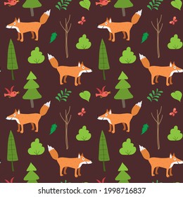 Cute Fox Seamless pattern. Cartoon Animals in forest background. Vector illustration.