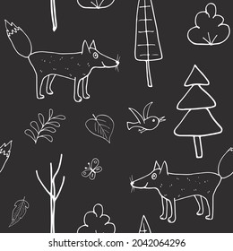Cute Fox Seamless pattern. Cartoon Animals in forest background. Vector illustration.
