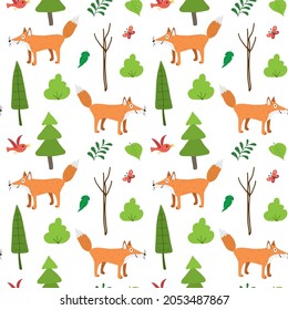 Cute Fox Seamless pattern. Cartoon Animals in forest background. Vector illustration.