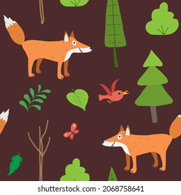 Cute Fox Seamless pattern. Cartoon Animals in forest background. Vector illustration.