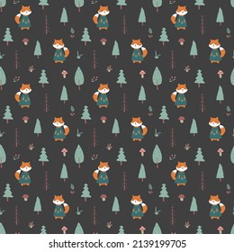 Cute Fox Seamless pattern. Cartoon Animals in forest background. Vector illustration.